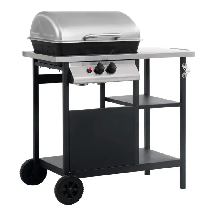 Barbacoa portátil de gas con mesita 3 estantes negro y plateado - 1