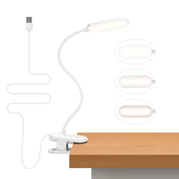 Aigostar Luz de Lectura, Lámpara Lectura LED con Clip y Brazo Flexible Ajustable en 360°, Luz de Cama con Clip y Cable, 3 Modos de Brillo, Protección Ocular, 4000 K Para la Lectura, El Trabajo,Blanco - 1