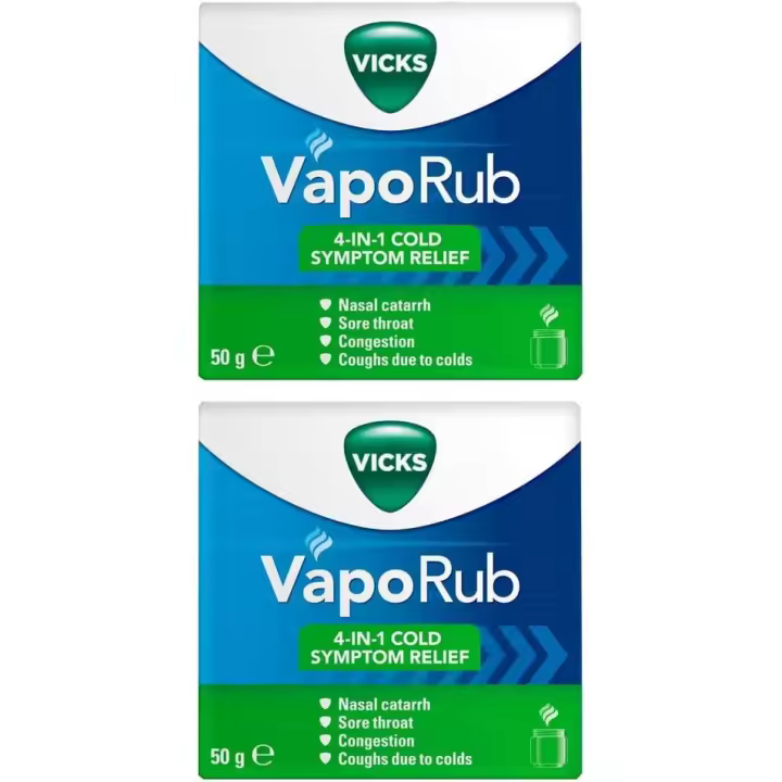 Vicks Vaporub 2 x 50 g Vapo Rub Adultos Niños Niños 2 años + Larga Duración 8 Horas Acción Ungüento - 1