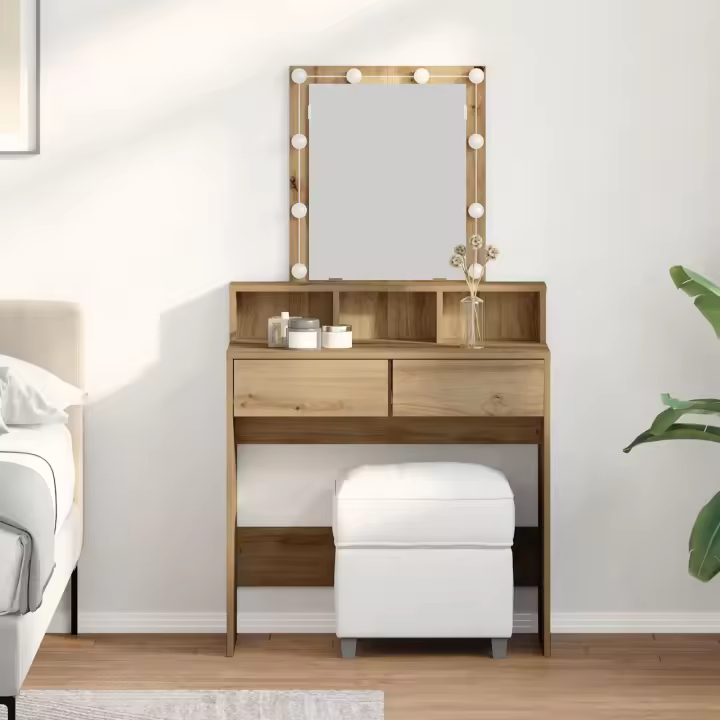 Toallero de vidaXL con espejo y LEDs de madera elaborada en roble artesanal - 1