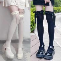 Medias Largas De Encaje Para Mujer Y Niñas Blancas Y Negras Con Volantes Y Lazo Stockings Dulces De Nylon Medias Con Bowknot - details 0