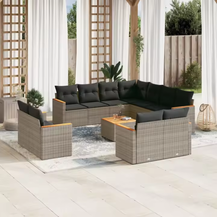 vidaXL Set de sofás de jardín 12 pzas con cojines ratán sintético gris - 1