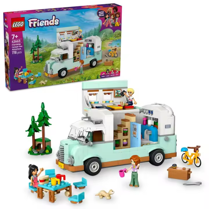 LEGO 42663 Friends Aventura en la Caravana de la Amistad, Autocaravana de Juguete con 3 Mini Muñecos, Figura de Hurón, Regalo para Niñas de 7 Años o Más, Furgoneta Camper, Prismáticos y Más Accesorios - 1