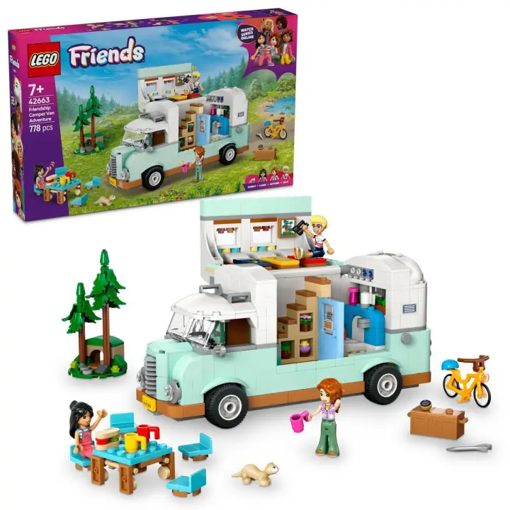 LEGO 42663 Friends Aventura en la Caravana de la Amistad, Autocaravana de Juguete con 3 Mini Muñecos, Figura de Hurón, Regalo para Niñas de 7 Años o Más, Furgoneta Camper, Prismáticos y Más Accesorios - 1