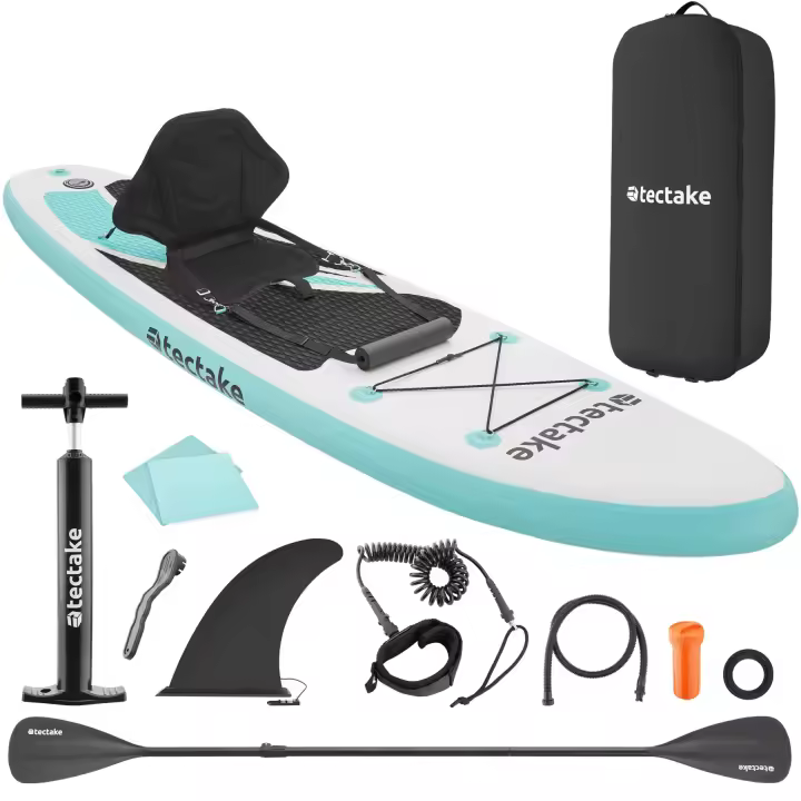 Tectake - Tabla de paddle surf, Hinchable 2 en 1, Set completo, Asiento Kayak, Stand Up Paddle, Accesorios Paddle Surf, Padel Surf Hinchable, Gran estabilidad, Correa de sujeción para el pie, Drop-Stitch para una máxima rigidez, Sistema de 3 aletas - 1