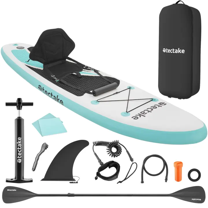 Tectake - Tabla de paddle surf, Hinchable 2 en 1, Set completo, Asiento Kayak, Stand Up Paddle, Accesorios Paddle Surf, Padel Surf Hinchable, Gran estabilidad, Correa de sujeción para el pie, Drop-Stitch para una máxima rigidez, Sistema de 3 aletas - 1