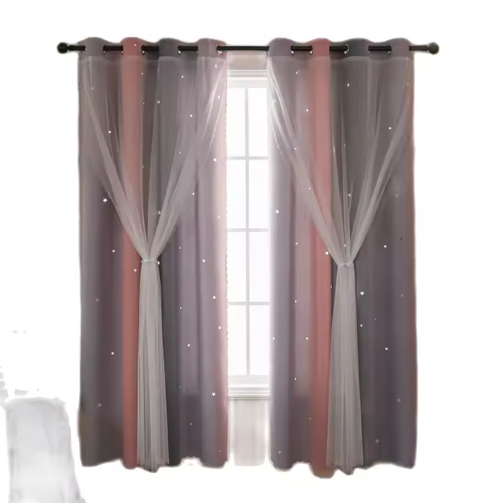 Cortinas Decorativas De Habitación Para Niñas En Gris Y Rosa Con Patrón De Estrellas Perforadas Semi-Blackout Para Sala De Estar Y Dormitorio - 1