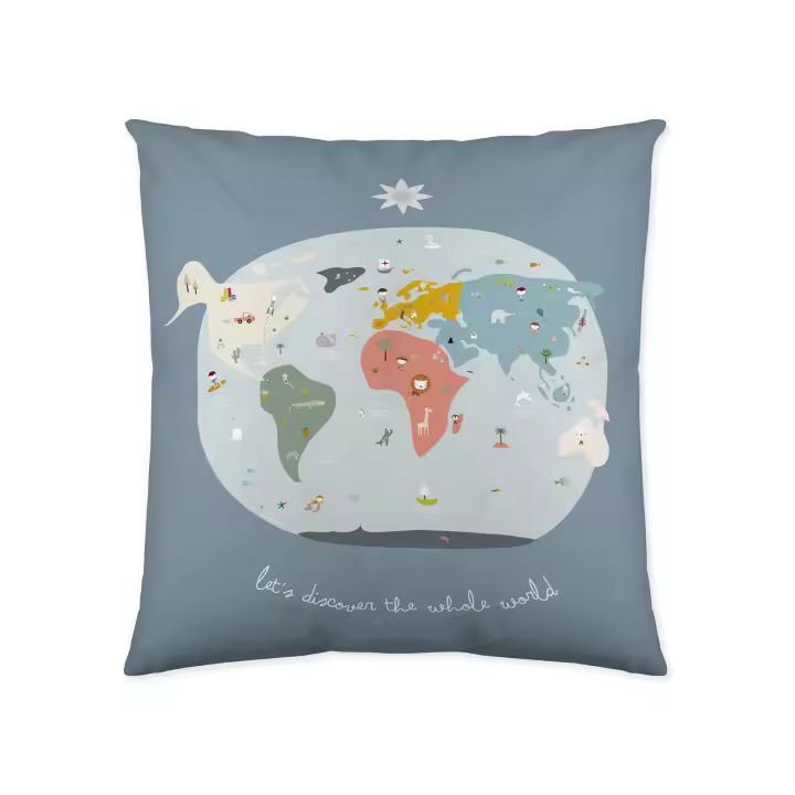 FUNDA DE COJIN VACIO INFANTIL 100% ALGODÓN MAPA MUNDI 40x40 CM HACIENDO EL INDIO FABRICADO EN ESPAÑA - 1