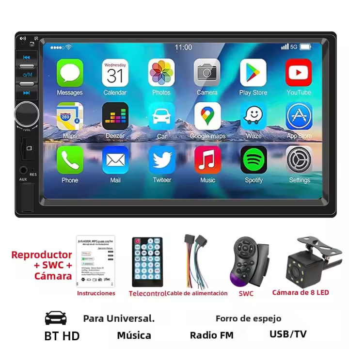 Radio De Coche HIPPBQCC 2Din 7 Pulgadas MP5 Multimedia Reproductor Bluetooth USB TF FM Con Espejo Link Y Cámara Trasera Universal - 1