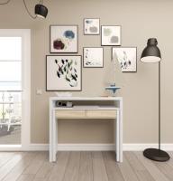 Meimon Mesa auxiliar extensible con 2 cajones en Blanco Ark, sistema PUSH, ruedas y patas MDF, fabricada en tablero de partículas melaminizado E1 con guías metálicas, cantos PVC y acabado blanco; medidas cerrada 87,5x98,5x36 cm y abierta 87,5x98,5x66 cm - details 3