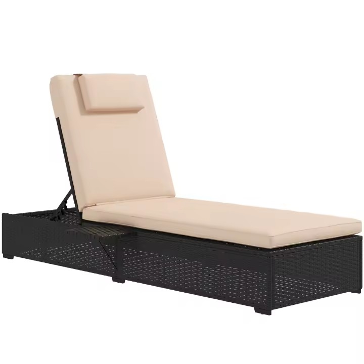Outsunny Tumbona de Ratán Reclinable Tumbona para Jardín con Respaldo Ajustable en 5 Niveles Mesita y Cojín Carga 120 kg para Patio Terraza Negro y Beige - 1