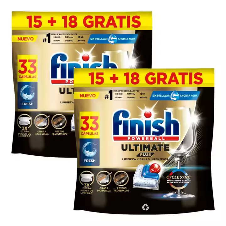 Finish Pack de 2 Bolsas de 33 Cápsulas de Detergente Lavavajillas Powerball Quantum Plus Fresh (66 Cápsulas en total) - 1