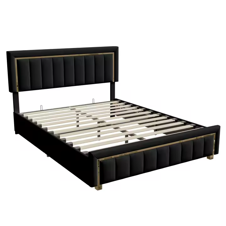 Cama tapizada de lujo Superaly, combinación de colores clásica en negro y dorado, cama doble, estructura de cama hidráulica, ideal para apartamentos con dormitorio, sin colchón, terciopelo. - 1