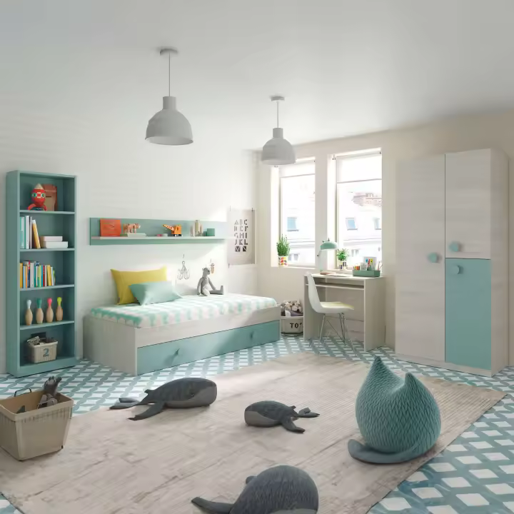 Dormitorio Completo para Habitación Juvenil o Infantil en Color Verde y Blanco con un Somier Incluido - 1