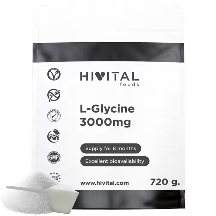Glicina 3000 mg por dosis. 720 g. por pack para 8 meses de tratamiento. Aminoácido L-Glicina pura, 100% vegana, que ayuda a fortalecer las articulaciones, huesos, músculos, piel y cabello. Hivital - 1
