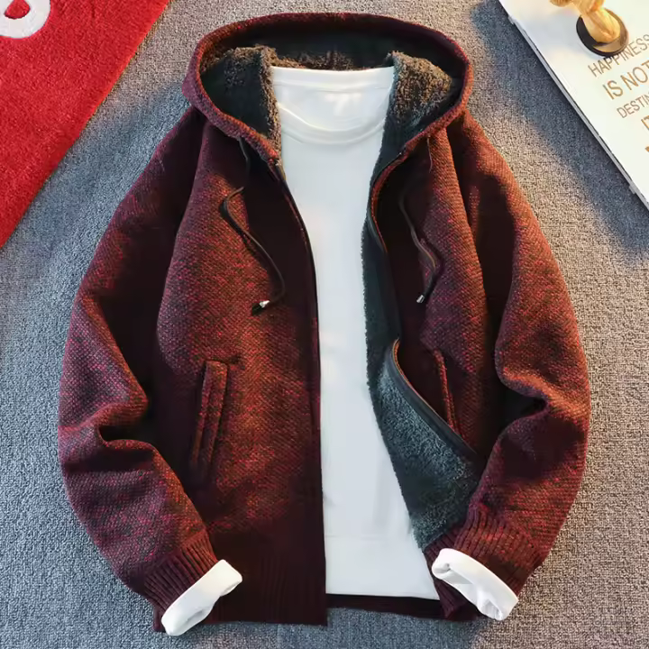 Chaqueta De Punto Para Hombre Con Capucha Cálida Y Acolchada Estilo Casual Para Otoño E InviernoAbrigo De Poliéster Con Cierre De Cremallera - 1