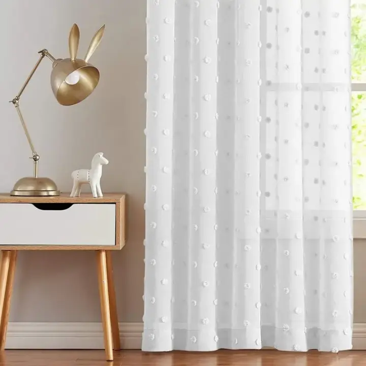 Cortinas Blancas Con Pom-Pom Translúcidas Para Dormitorio De Niñas Sala De Estar Nursery Decoración Moderna De Ventana Voile - 1