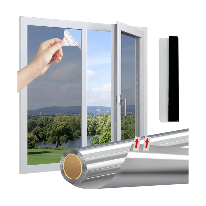 Lámina para Ventana vidrio película espejo efecto anti calor protección solar anti uv Color Plateado ,Acabado	Brillo,50*200cm - 1