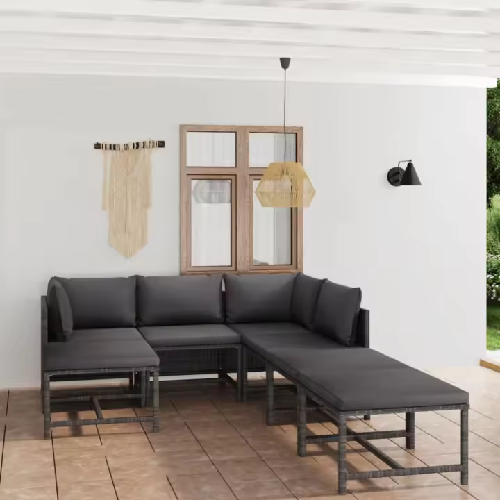 vidaXL Set de muebles de jardín 7 pzas y cojines ratán sintético gris - 1