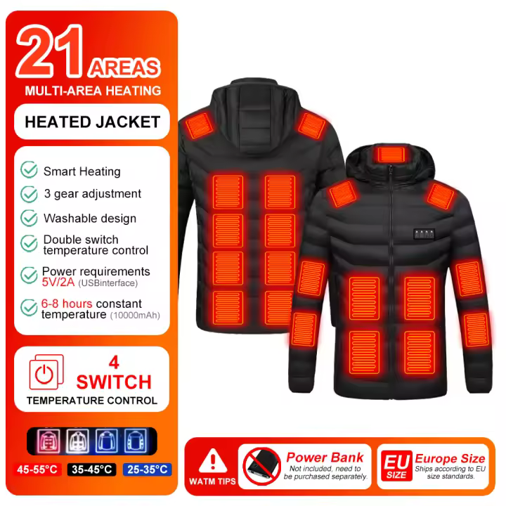 Chaqueta Térmica Ajustable para Hombres y Mujeres 21 Áreas de Calentamiento al Aire Libre con Fuente de Alimentación USB para Esquí Camping Tamaño EU - 1