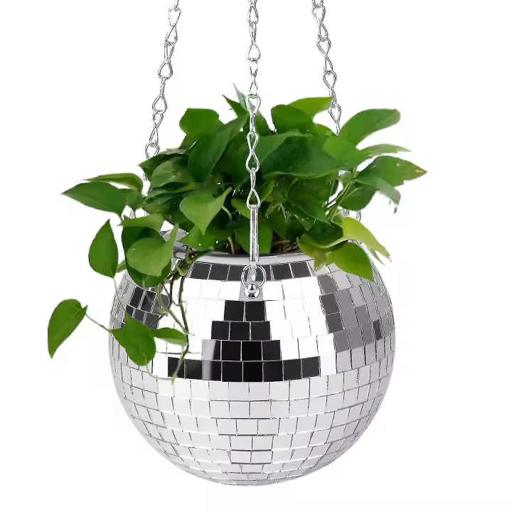 Maceta colgante con forma de bola de discoteca de 25 cm de diámetro con espejo para decoración del hogar, maceta para exterior, cesta para maceta de interior con gancho. - 1