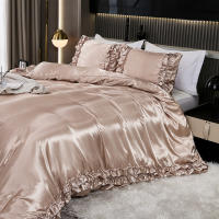 Set De Edredón Satinado 3PCS Colores Blanco Khaki Y Rosa Seda Suave Con Volantes Estilo Moderno Para Cama Conjunto De Ropa De Cama - details 31