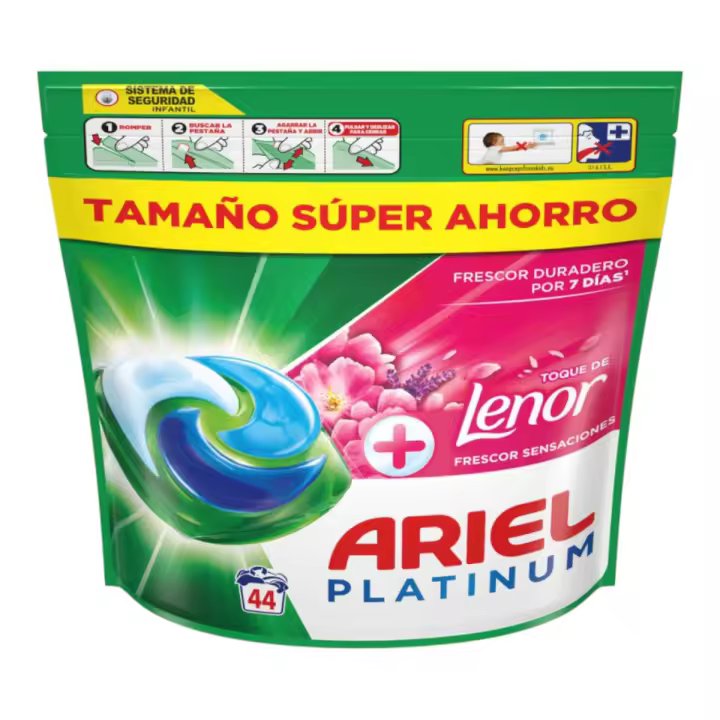 Ariel Todo-en-1 PODS Platinum + Lenor “Frescor Sensaciones” – Detergente en cápsulas para lavadora, 44 dosis , frescor hasta 7 días, 100% soluble incluso en agua fría, cierre con seguridad infantil - 1