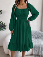 Vestido A-Line De Mujer Elegante Otoño Invierno Color Sólido Cuello Cuadrado Manga Larga Volantes Vestido Midi Casual Polyester Spandex - details 28