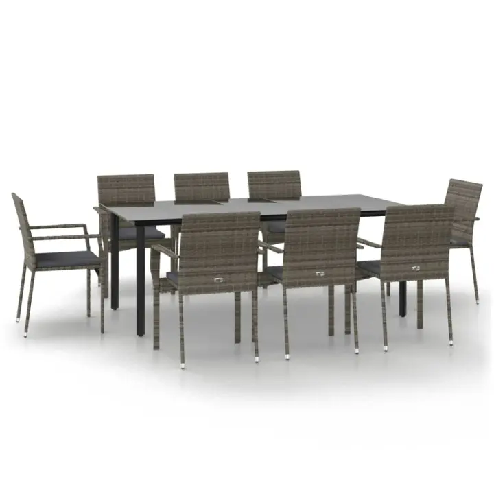 vidaXL Set comedor jardín 9 pzas y cojines ratán sintético negro gris - 1