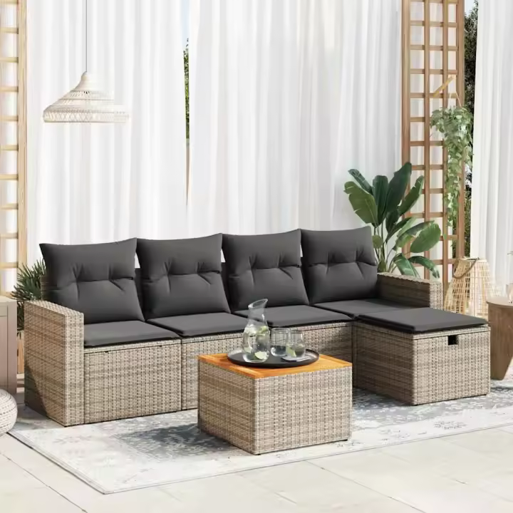 vidaXL Set de muebles de jardín 6 pzas y cojines ratán sintético gris - 1