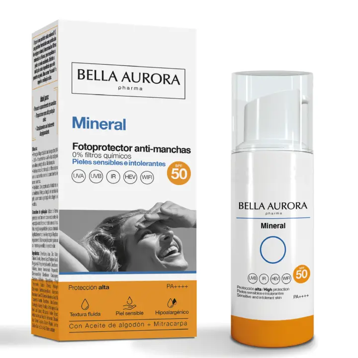 BELLA AURORA - Fotoprotector Antimanchas Mineral SPF50 50 ml, Protección Facial, Protector Solar Antimanchas, para Pieles Sensibles, Repara e Hidrata la Piel, con Aceite de Algodón y Mitacarpa - 1