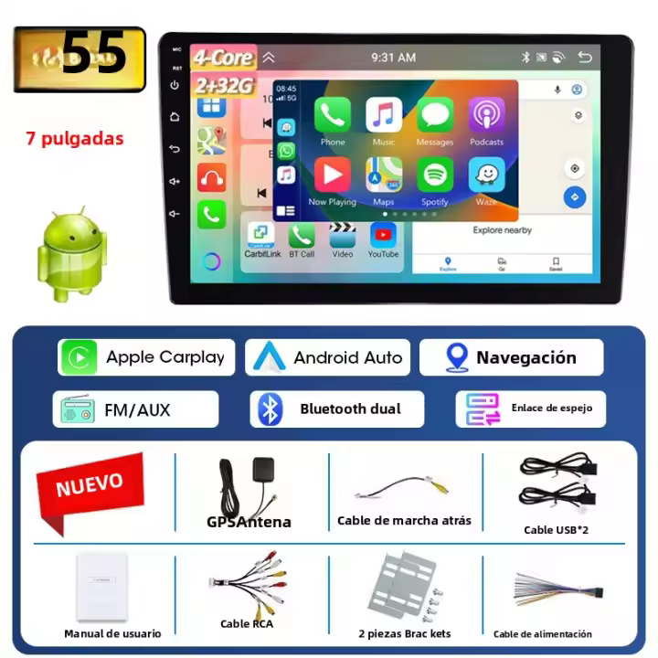 Reproductor Multimedia Android 13 Para Coche Con Wireless Carplay Android Auto Cámara Trasera Sistema Inteligente Accesorio De Coche Universal 7/9/10 Pulgadas RAM 2G ROM 32G USB2.0 - 1
