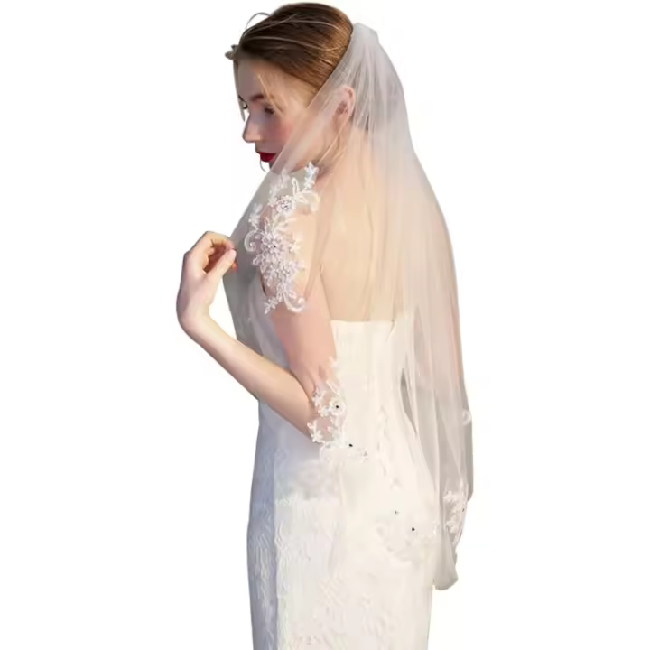 Velo de novia de cristal con apliques de encaje, velo de novia con peine para fiesta de cosplay, boda, blanco, 90 x 150 cm - 1