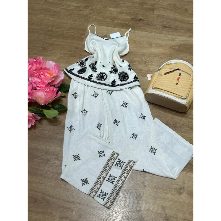 ✨ CONJUNTO BOHO CHIC PARA VERANO - TOP BORDADO + PALAZZO DE LINO BLANCO ✨ - 1