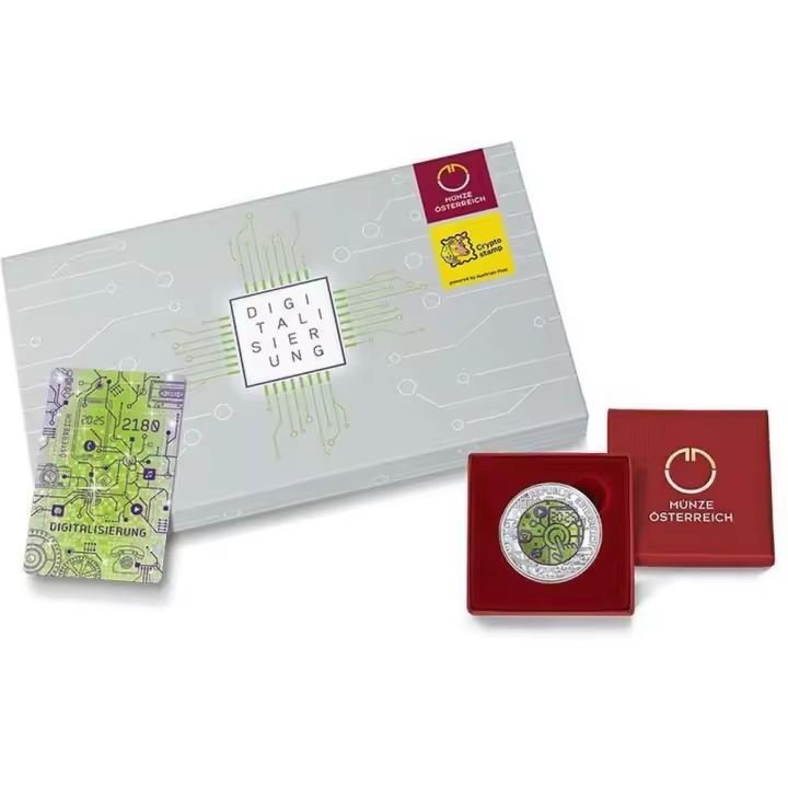 DIGITALIZACIÓN Niobio Set 1x Sello Crypto 1x Moneda Plata 25 € Euro Austria 2025 - 1