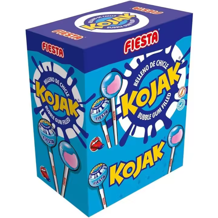 FIESTA KOJAK Pintalenguas Sabor Blueberry - Caramelo con Palo Relleno de Chicle - Caja 100 Unidades - 1