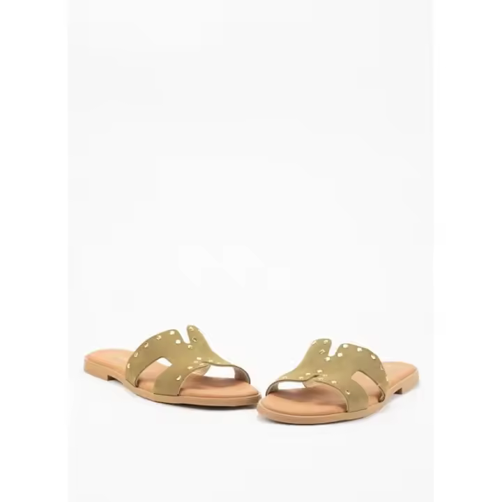 Sandalia Plana de Piel para Mujer Color Kaki - 1