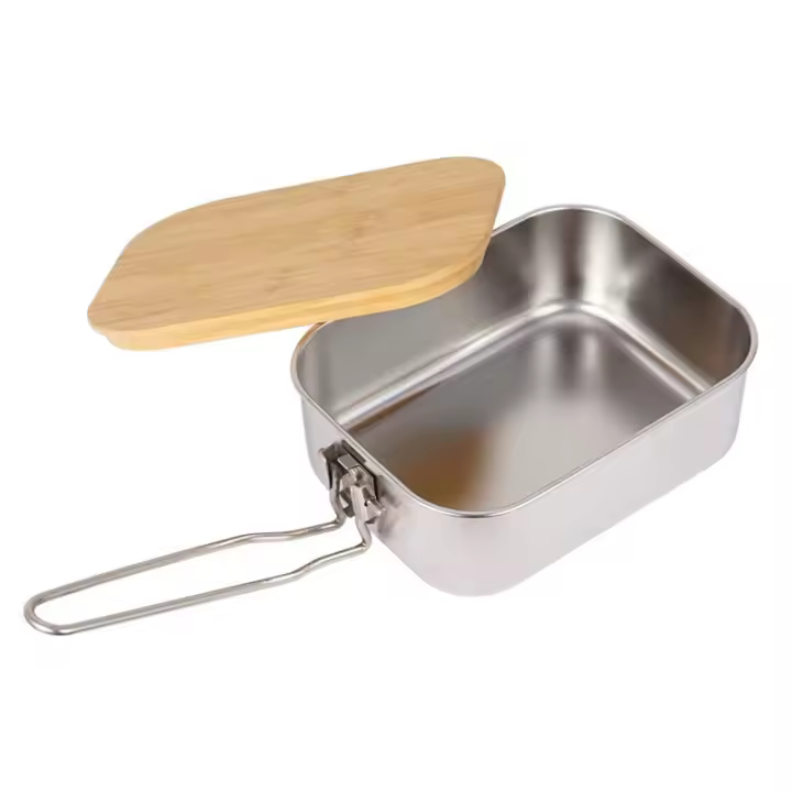 Caja Bento De Acero Inoxidable 900ML Con Tapa De Madera Para Camping Picnic Pesca Al Aire Libre Soporte Para Tetera Y Tabla De Cortar - 1