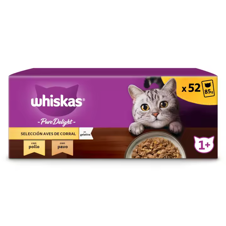 Whiskas Pure Delight, Comida Húmeda en Gelatina para Gatos Adultos, Selección Aves, 13 x4 Bolsitas x85g - 1
