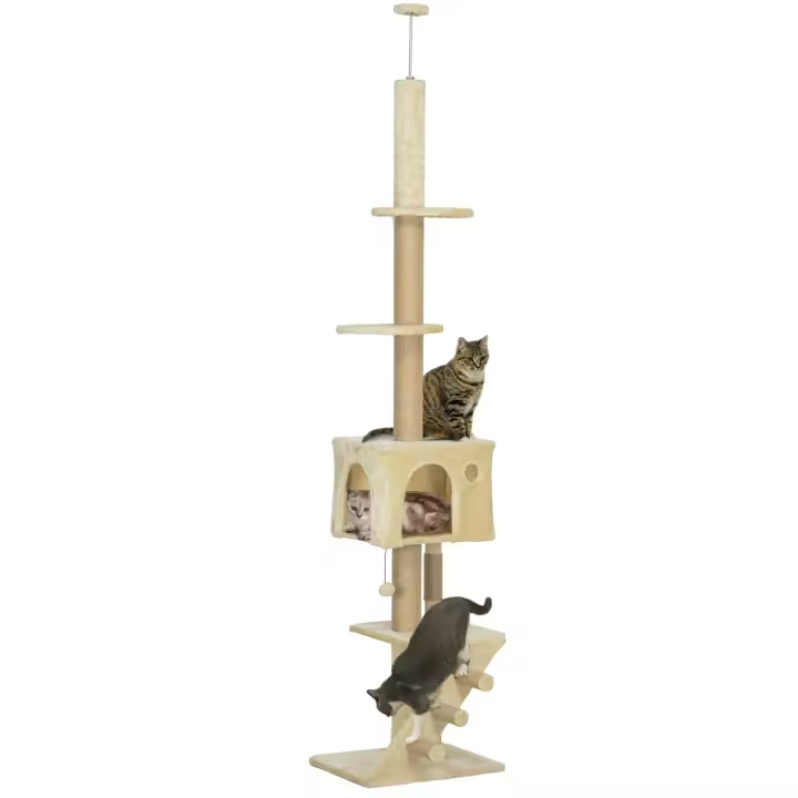 PawHut Árbol para Gatos de Suelo a Techo de 225-265 cm Árbol Rascador para Gatos con Altura Ajustable Múltiples Plataformas Escalera Bola Colgante - 1
