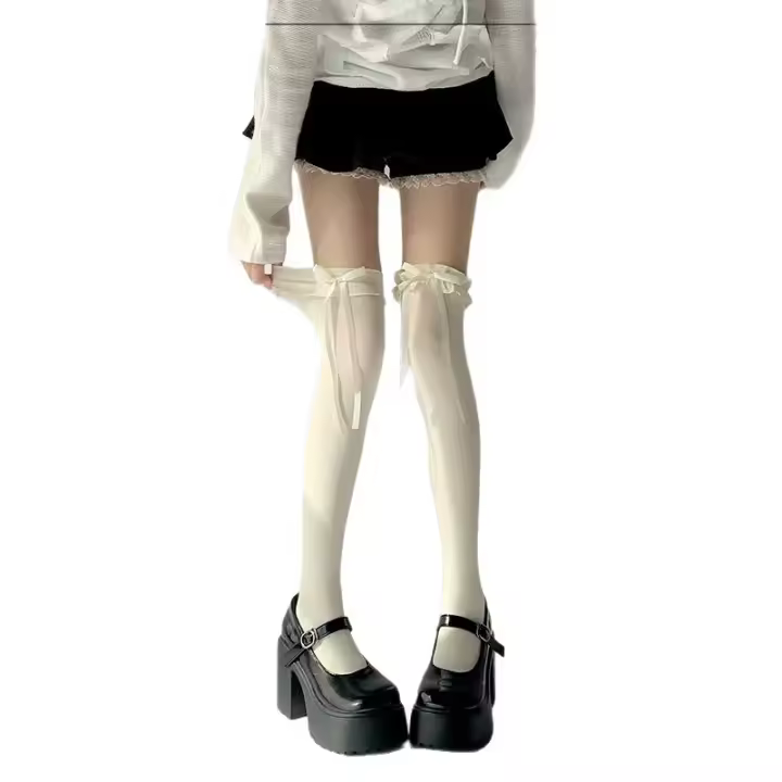 Medias Largas De Encaje Para Mujer Y Niñas Blancas Y Negras Con Volantes Y Lazo Stockings Dulces De Nylon Medias Con Bowknot - 1