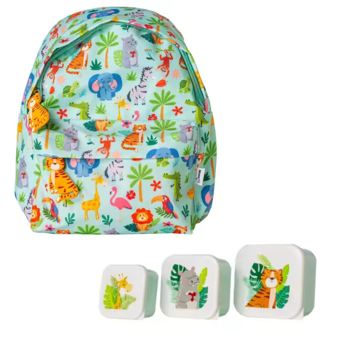 Pret Pack Escolar Mochila Infantil y 3 Tuppers Mundo Animal Conjunto Vuelta al Cole Para Niños y Niñas Infantil y Preescolar de 1-4 años Mochila y Fiambreras para El desayuno o Merienda Modelo Selva - 1