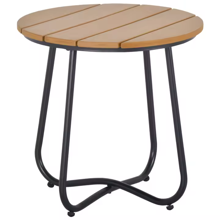 Outsunny Mesa Auxiliar Redonda Mesa de Jardín Exterior con Diseño de Listones y Patas Ajustables Mesa para Exterior Terraza Patio Ø49x48 cm Natural y Negro - 1
