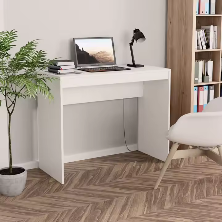 vidaXL Escritorio de madera contrachapada 90x40x72 cm en color Blanco/Blanco brillante/Gris hormigón y más | estructura resistente ideal para salón dormitorio o estudio - 1