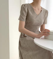 Vestido Largo De Algodón Y Lino Para Mujer Estilo Retro Vintage Con Manga Corta Diseño Sólido A-Line Cuello V Moda De Oficina - details 26