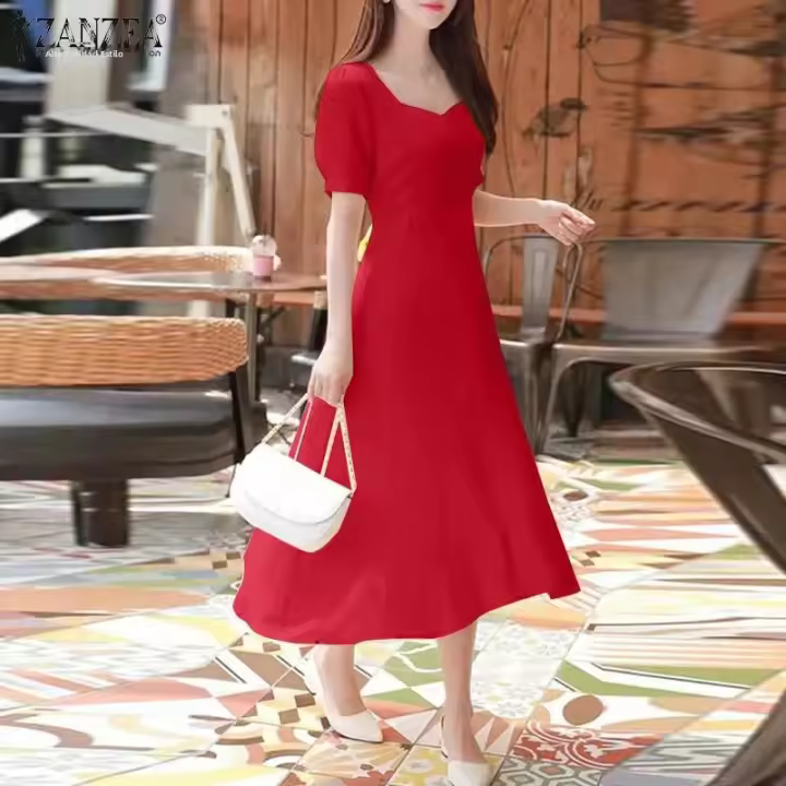 Vestido Midi Vintage De Suelta Corta Elegante ZANZEA Para Mujer Con Cintura Ajustada Vestido De Fiesta Verano 2024 Vestido De Boda A-line - 1