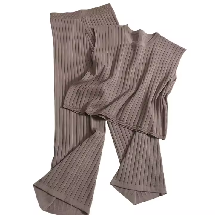 Nuevo traje de punto Korean, Chaleco sin Mangas de Color sólido, High Belt, pantalones de pierna Ancha adelgazantes, pantalones de Nueve Puntos, traje de Dos piezas (Negro) - 1