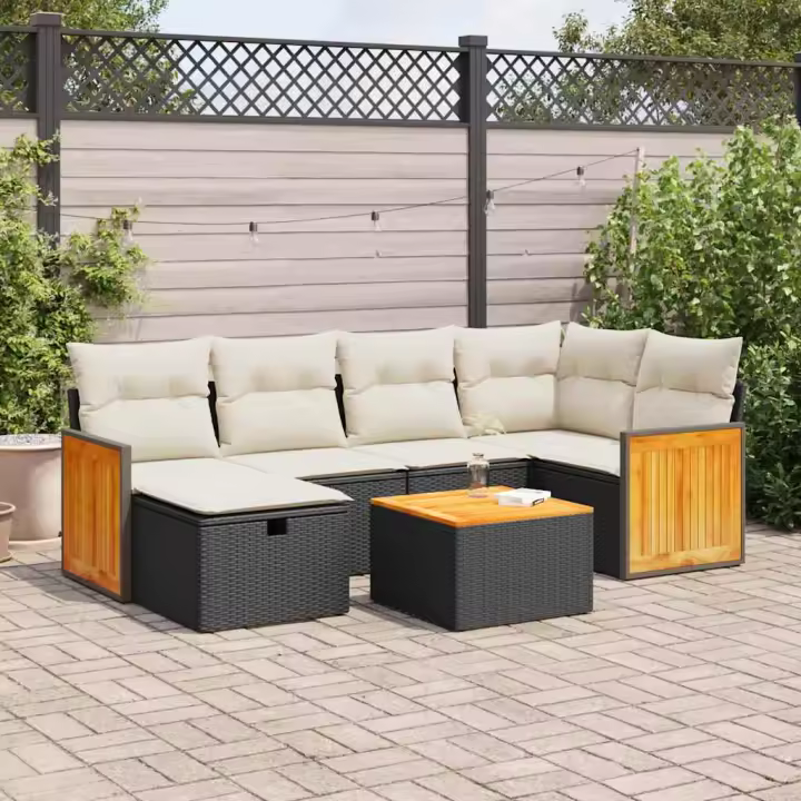 vidaXL Set de sofás de jardín 7 pzas con cojines ratán sintético negro - 1