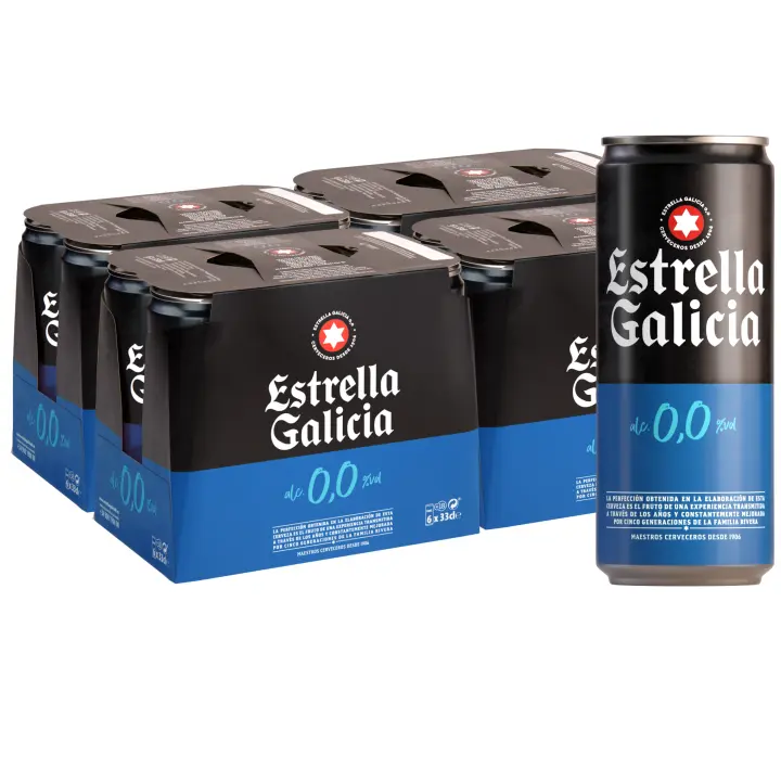 Estrella Galicia 0,0 - Cerveza Lager sin Alcohol, 24 Latas x 33 cl, Sabor Ligero y Refrescante, Aroma a Maltas y Lúpulo, 0% Volumen de Alcohol - 1