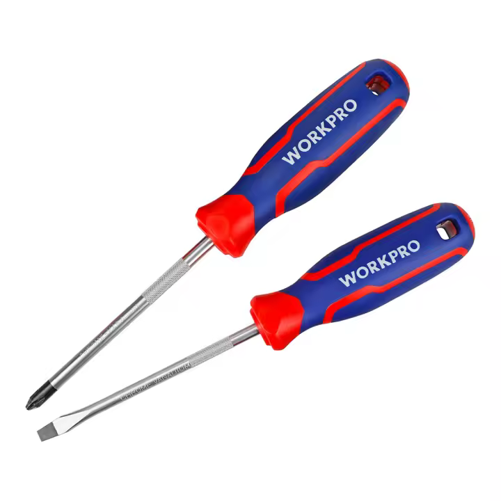 WORKPRO Juego de 2 Destornilladores Cromo-vanadio - Punta Magnética - Mango Ergonómico - Ph2 150mm - 6.5 X 150mm - Rojo y Azul - 1